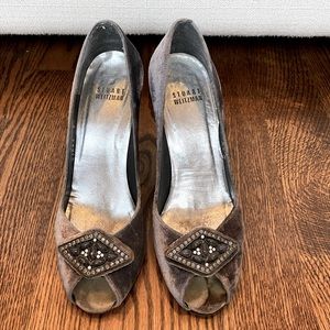 Stuart Weitzman Velvet Peep-Toe Shoes with Encrusted Embellishment